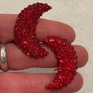 Vintage New Bellini Candy Red  Crystal Moon Earrings New Clip Beautiful  1 1/4 “